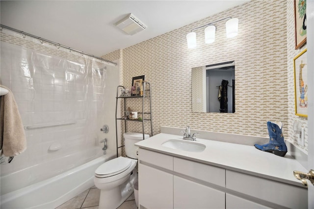 full bathroom featuring tile patterned floors, shower / bathtub combination with curtain, vanity, and toilet