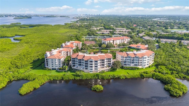 aerial view featuring a water view