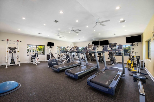 workout area with ceiling fan