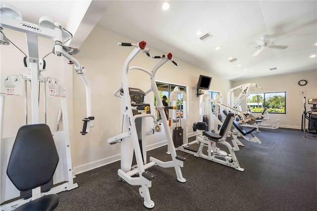 exercise room with ceiling fan