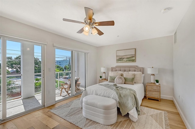 bedroom featuring ceiling fan, access to exterior, and light wood-type flooring