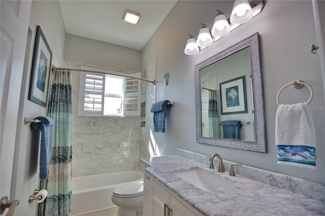 full bathroom with toilet, shower / tub combo with curtain, and vanity