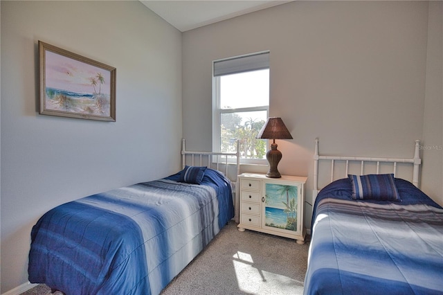 bedroom with light colored carpet