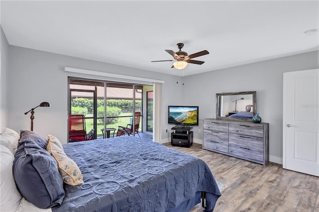 bedroom with ceiling fan, light wood-type flooring, and access to exterior