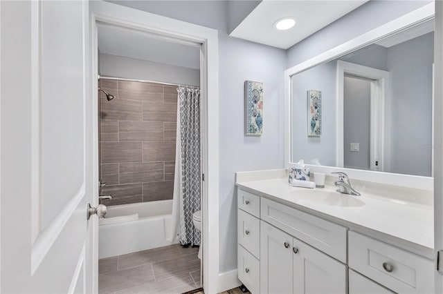 full bathroom with toilet, vanity, shower / tub combo, and tile patterned floors