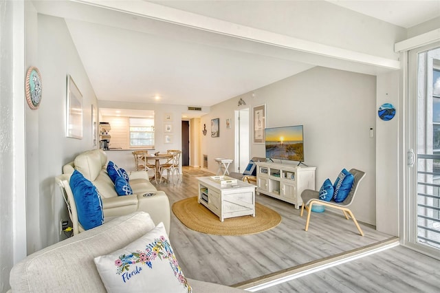 living room with a wealth of natural light, lofted ceiling, and light wood-type flooring