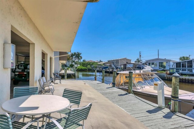 exterior space featuring a boat dock and a water view