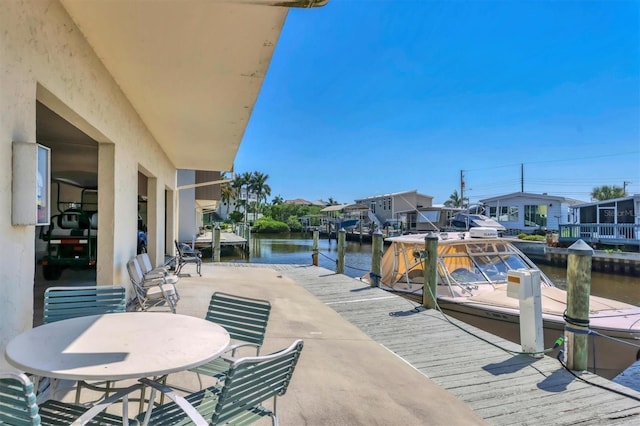 view of dock featuring a residential view and a water view