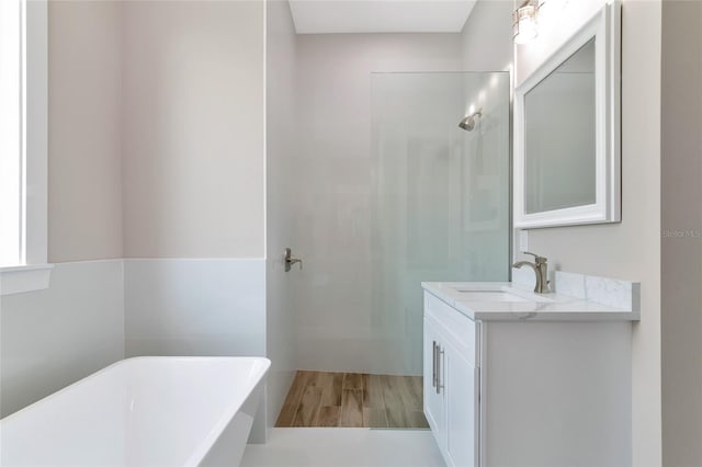 bathroom with a tub to relax in, vanity, and hardwood / wood-style floors