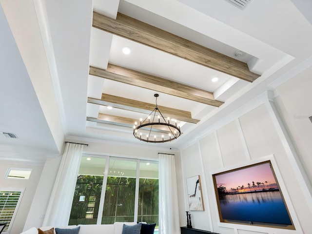 room details featuring beam ceiling and a chandelier