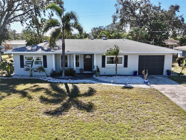 single story home with a garage and a front yard