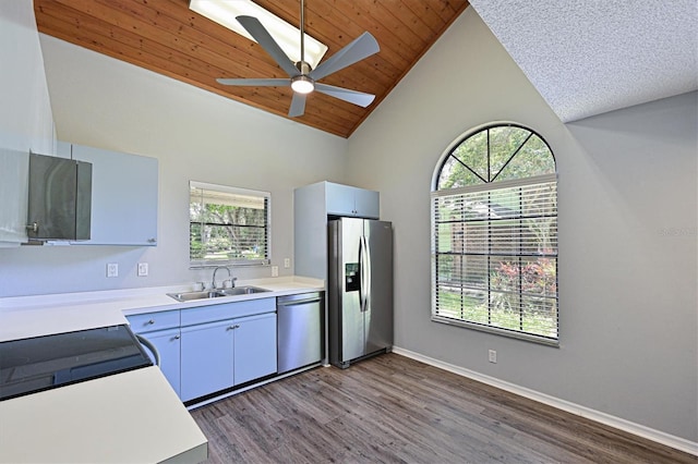 kitchen with sink, high vaulted ceiling, wood-type flooring, ceiling fan, and stainless steel appliances