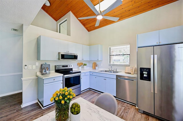 kitchen featuring ceiling fan, appliances with stainless steel finishes, hardwood / wood-style flooring, and wood ceiling