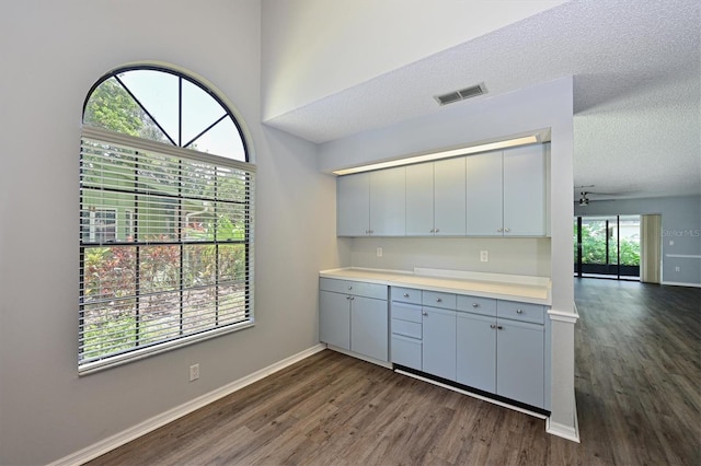 kitchen featuring a textured ceiling and dark hardwood / wood-style floors