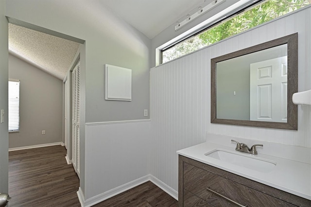 bathroom with rail lighting, vaulted ceiling, vanity, and wood-type flooring