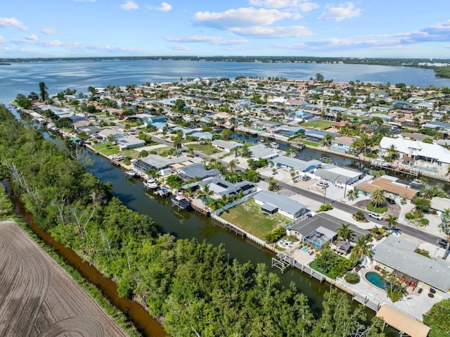 bird's eye view with a water view