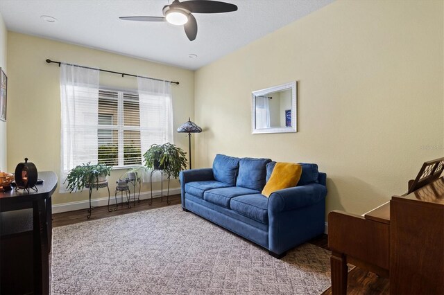 living room with ceiling fan and wood-type flooring