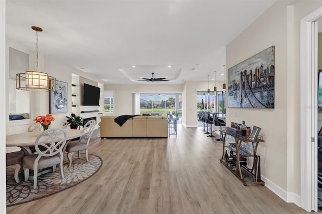 interior space featuring a raised ceiling, ceiling fan, and light hardwood / wood-style flooring