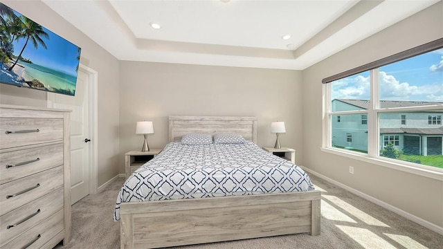 carpeted bedroom featuring a tray ceiling