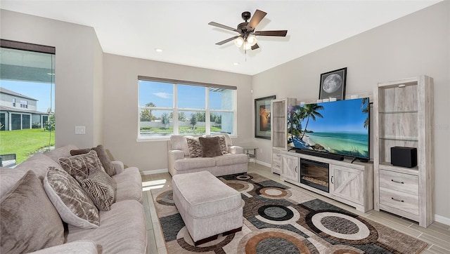 living room featuring ceiling fan