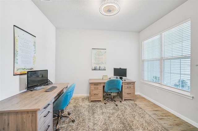 office with a wealth of natural light, light hardwood / wood-style flooring, and a textured ceiling