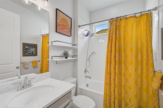 full bathroom with shower / bathtub combination with curtain, vanity, and toilet