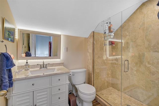 bathroom featuring toilet, vanity, and walk in shower