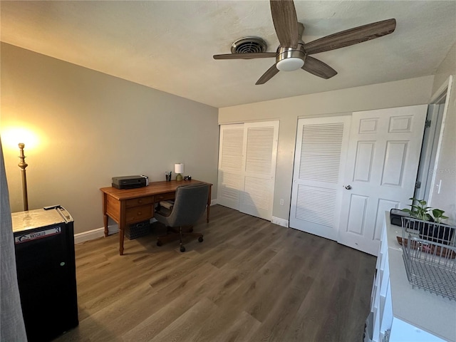 office featuring ceiling fan and hardwood / wood-style floors