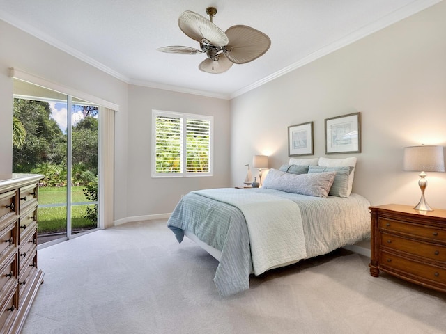 bedroom featuring baseboards, a ceiling fan, light colored carpet, ornamental molding, and access to outside