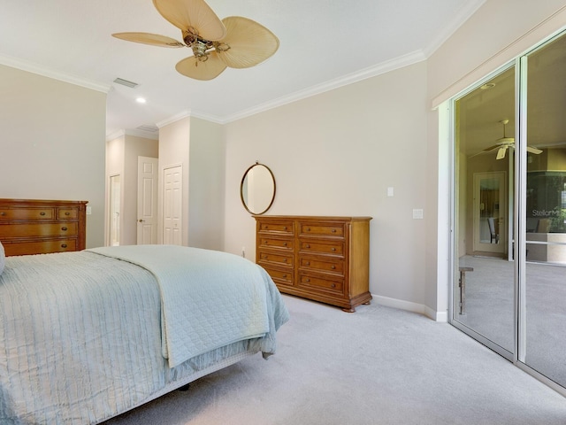 bedroom featuring light colored carpet, a ceiling fan, baseboards, visible vents, and crown molding