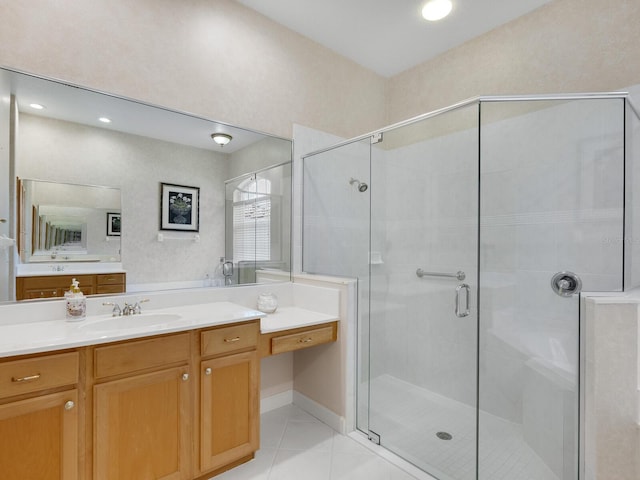 full bathroom with tile patterned flooring, a shower stall, and vanity