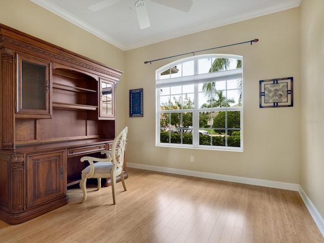 office featuring light wood finished floors, a ceiling fan, baseboards, and crown molding