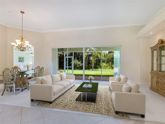 tiled living area with ornamental molding and a chandelier