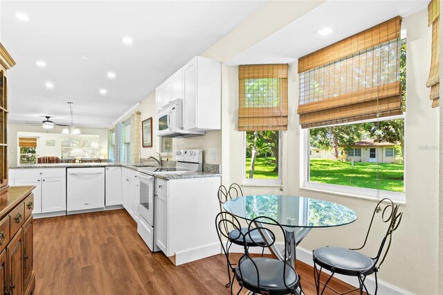 kitchen with ceiling fan, hardwood / wood-style flooring, light stone counters, and white appliances