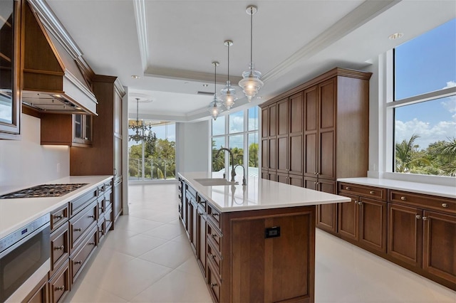 kitchen with a tray ceiling, a kitchen island with sink, sink, a chandelier, and hanging light fixtures