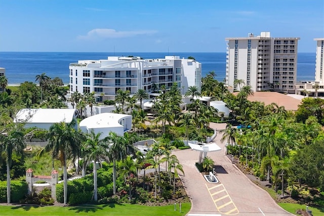 birds eye view of property featuring a water view