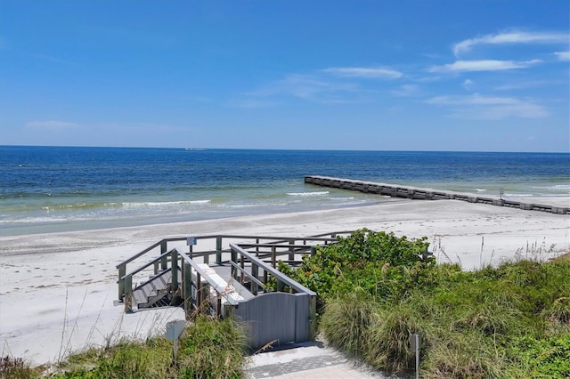 view of water feature with a beach view