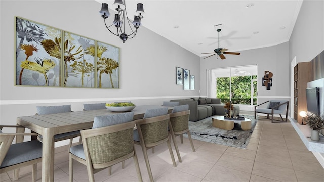 dining area featuring light tile patterned floors, crown molding, and a chandelier