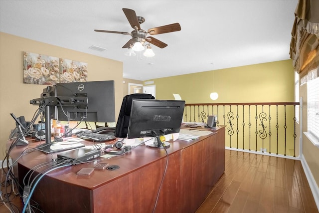 office area featuring hardwood / wood-style flooring and ceiling fan