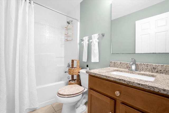 full bathroom featuring vanity, tile patterned floors, toilet, and shower / bath combo with shower curtain