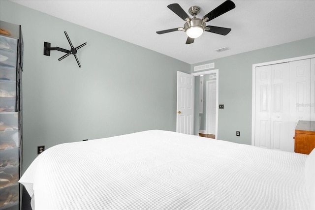 bedroom with ceiling fan and a closet