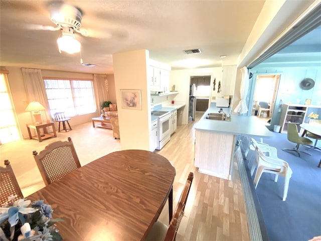 kitchen featuring white electric range, sink, ceiling fan, light hardwood / wood-style floors, and white cabinets