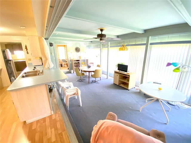 living room with sink, beam ceiling, light hardwood / wood-style flooring, and ceiling fan