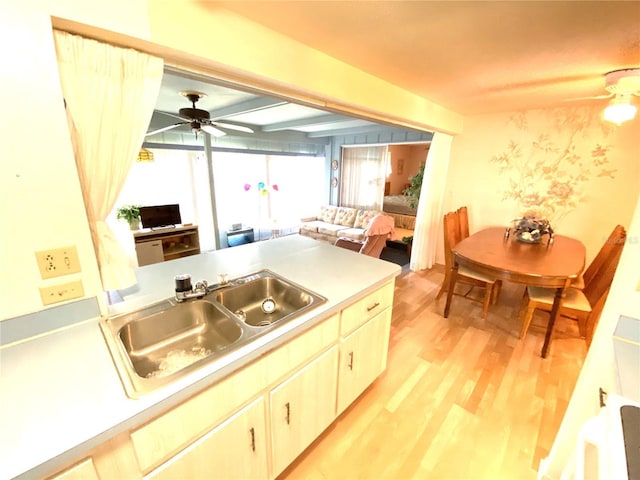 kitchen featuring ceiling fan, sink, and light hardwood / wood-style flooring