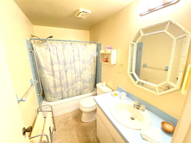 full bathroom featuring vanity, radiator heating unit, shower / bath combination with curtain, and toilet