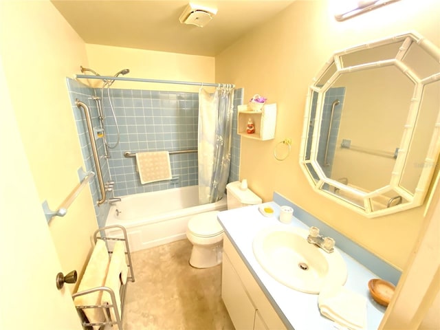 full bathroom with vanity, shower / bath combination with curtain, and toilet