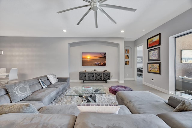 living room with ceiling fan