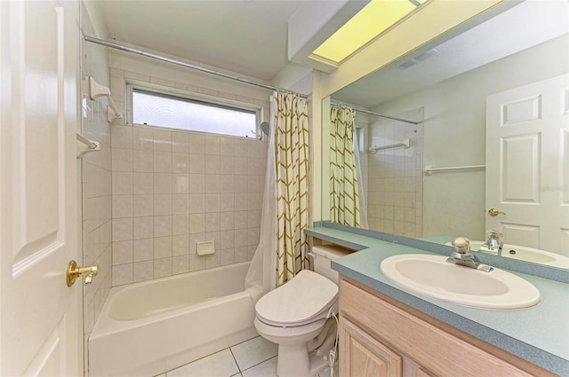 full bathroom featuring toilet, tile patterned flooring, vanity, and shower / bathtub combination with curtain