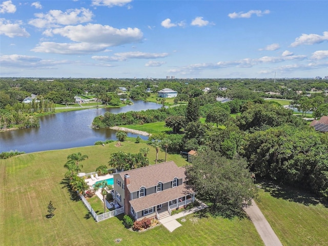 birds eye view of property featuring a water view