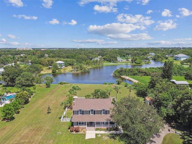 bird's eye view with a water view